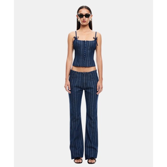 Lioness Pants - Lioness Charismatic Pinstripe Denim Set Corset Top S and Flare Jeans XS Blue
